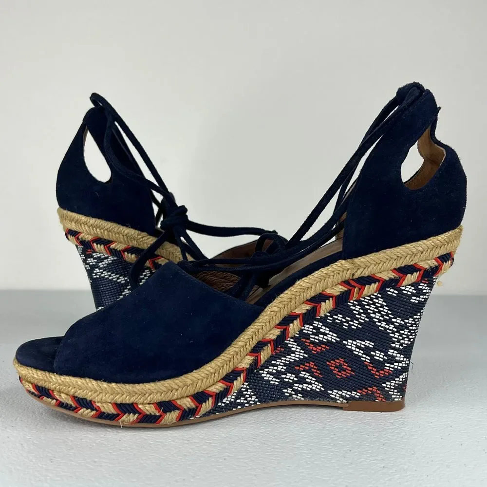 Cabi Isla Espadrille Wedge Sandal Navy Blue Suede Ankle Tie Up Tassels Western 6